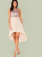 Load image into Gallery viewer, Backless Sequin Bodice Dip Hem Combo Dress