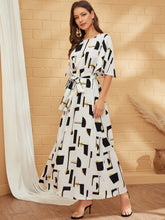 Load image into Gallery viewer, Bell Sleeve Self Belted Geo Dress