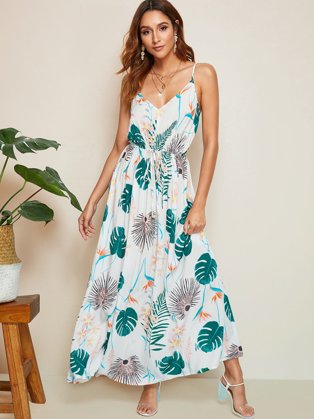 Tropical Print Drawstring Waist Flare Dress