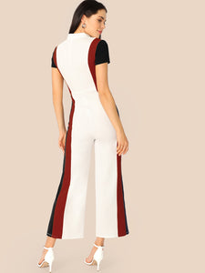 Mock Neck Zipper Fly Front Colorblock Wide Leg Jumpsuit