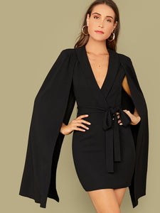 Shawl Collar Self Belted Cape Blazer  Dress