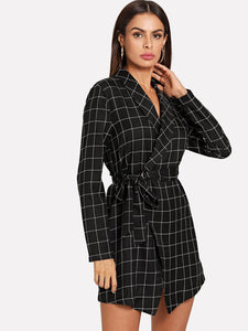 Shawl Collar Self Tie Wrap Grid Coat