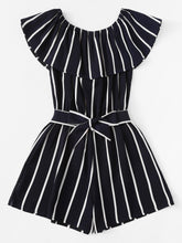 Load image into Gallery viewer, Striped Ruffle Hem Knot Romper