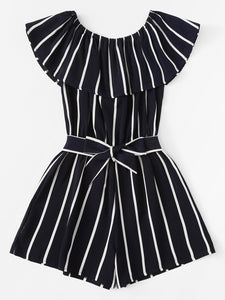 Striped Ruffle Hem Knot Romper