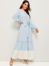 Load image into Gallery viewer, Bell Cuff Contrast Hem Belted Maxi Dress