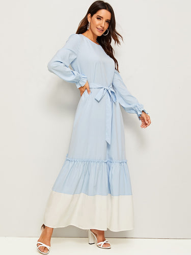 Bell Cuff Contrast Hem Belted Maxi Dress