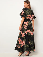 Load image into Gallery viewer, Botanical Print Ruffle Cuff Tie Side Wrap Dress