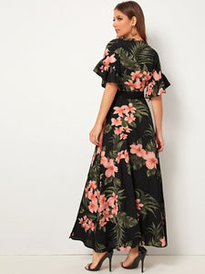 Botanical Print Ruffle Cuff Tie Side Wrap Dress