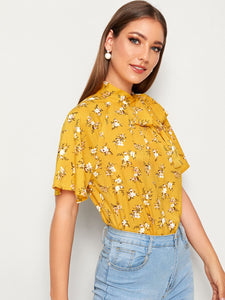 Ditsy Floral Tie Neck Raglan Sleeve Blouse