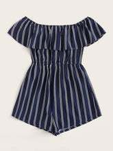 Load image into Gallery viewer, Off Shoulder Flounce Trim Striped Romper