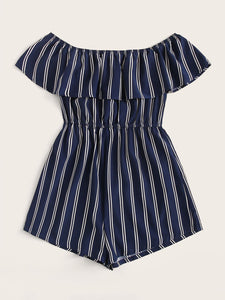 Off Shoulder Flounce Trim Striped Romper