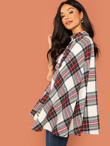 Button Front Plaid Print Cape Coat