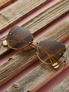 Pearl Detail Metal Rim Faceted Lens Sunglasses