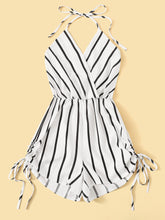 Load image into Gallery viewer, Surplice Striped Drawstring Side Halter Playsuit