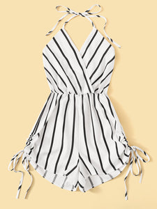 Surplice Striped Drawstring Side Halter Playsuit