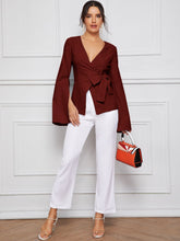 Load image into Gallery viewer, Bell Split Sleeve Surplice Neck Knot Blazer