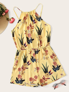 Elastic Waist Floral Print Halter Romper