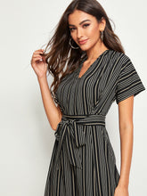 Load image into Gallery viewer, Striped Print Belted Wide Leg Jumpsuit