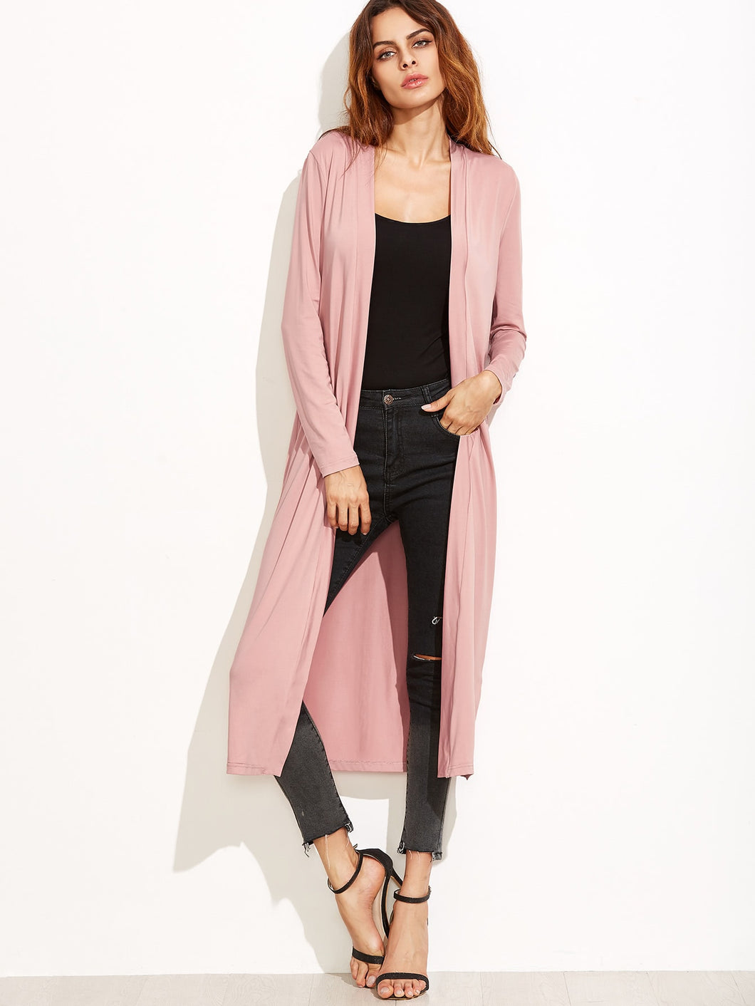 Pink Collarless Longline Duster Coat