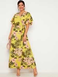 Botanical Print Ruffle Cuff Tie Side Wrap Dress