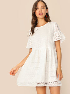 Flounce Sleeve Solid Schiffy Dress