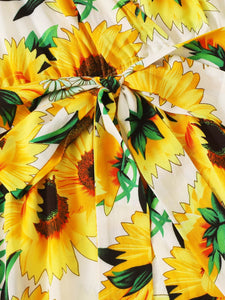 Sunflower Print Surplice Neck Belted Romper