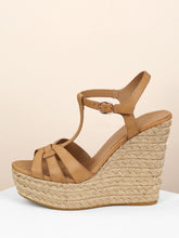 Load image into Gallery viewer, Overlap Band Ankle Strap Jute Trim Platform Wedges