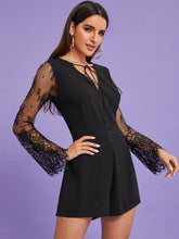 Load image into Gallery viewer, Tie Neck Contrast Lace Sleeve Romper