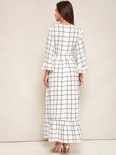 Load image into Gallery viewer, Bell Sleeve Flounce Hem Grid Dress With Belt