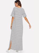 Load image into Gallery viewer, Side Slit Striped Maxi Tee Dress