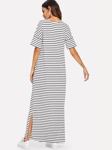 Side Slit Striped Maxi Tee Dress