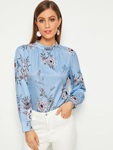 Mock-neck Floral Print Keyhole Back Blouse