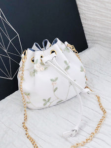 Floral Embroidered Bucket Bag With Drawstring