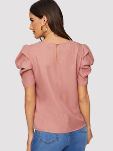 Button Keyhole Back Puff Sleeve Top