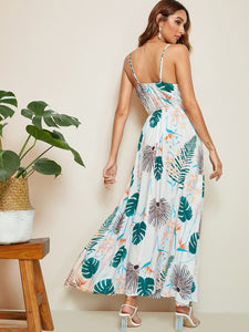 Tropical Print Drawstring Waist Flare Dress