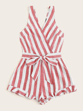 Load image into Gallery viewer, Surplice Neck Ruffle Hem Belted Striped Romper