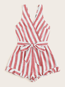 Surplice Neck Ruffle Hem Belted Striped Romper