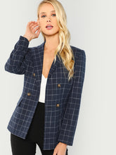 Load image into Gallery viewer, Double Breasted Notched Neck Plaid Blazer