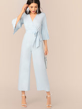 Load image into Gallery viewer, Pleated Sleeve Wrap Belted Wide Leg Jumpsuit