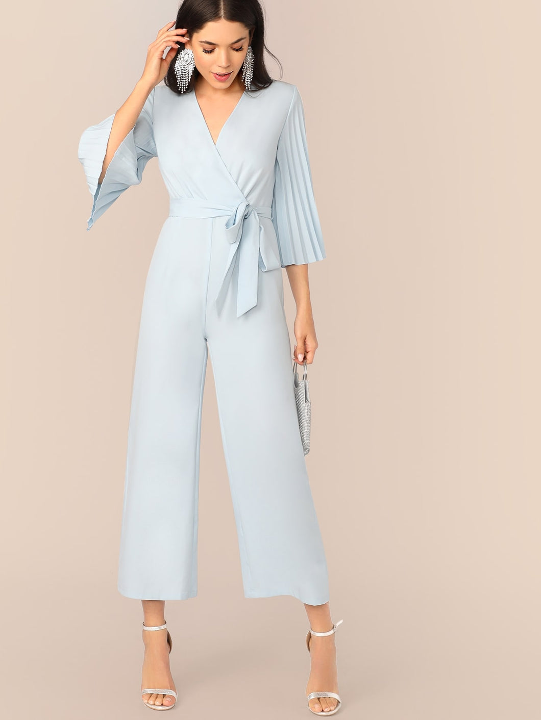 Pleated Sleeve Wrap Belted Wide Leg Jumpsuit