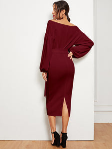 Blouson Sleeve Slit Hem Surplice Bardot Dress