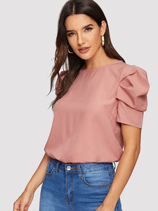 Button Keyhole Back Puff Sleeve Top