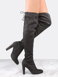 Almond Toe Chunky Heel Thigh High Boots