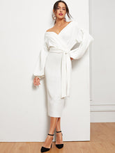 Load image into Gallery viewer, Blouson Sleeve Surplice Wrap Split Hem Dress