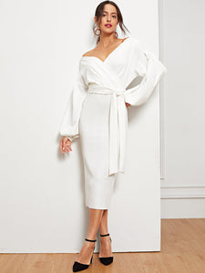 Blouson Sleeve Surplice Wrap Split Hem Dress