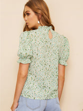 Load image into Gallery viewer, Ditsy Floral Frill Neck Puff Sleeve Top