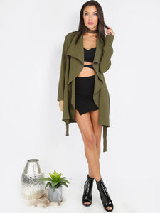 Army Green Lapel Tie Long Sleeve Outerwear