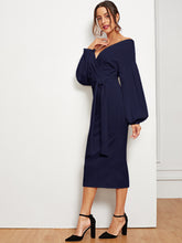 Load image into Gallery viewer, Blouson Sleeve Slit Hem Surplice Bardot Dress