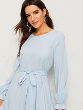 Load image into Gallery viewer, Bell Cuff Contrast Hem Belted Maxi Dress