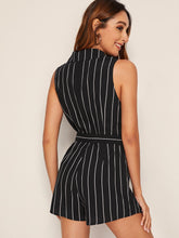 Load image into Gallery viewer, Notched Collar D-ring Belted Striped Romper